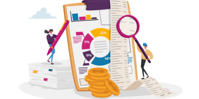 Illustration of accounting and bookkeeping with graphs, and charts